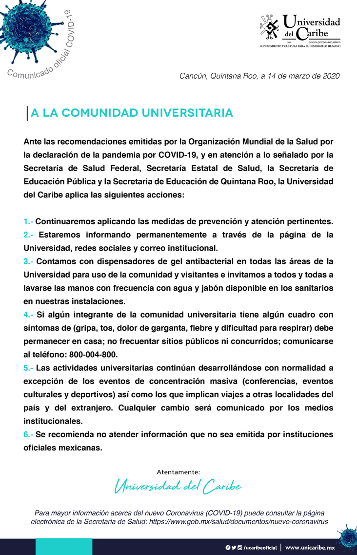 Comunicado 20200314-1 | Acciones preventivas contra el Coronavirus