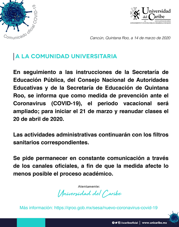 Comunicado 20200314-2 | Ampliación periodo vacacional