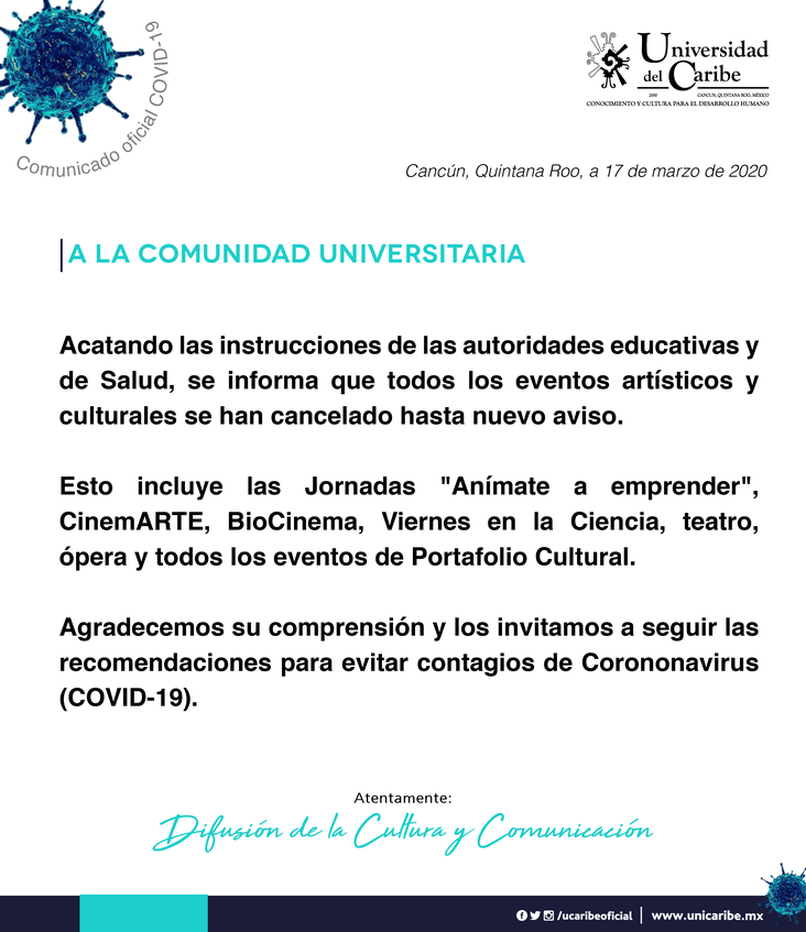 Comunicado 20200317-1 | Suspensión de actividades académicas y culturales