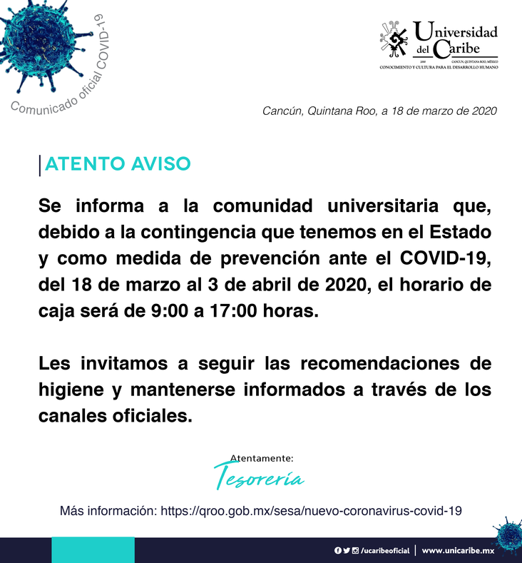 Comunicado 20200318-4 | Horario de Caja