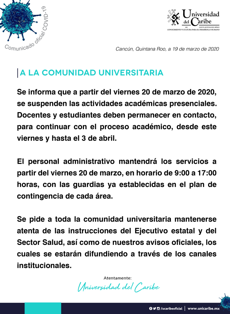 Comunicado 20200319-2 | Horarios de atención y suspensión de actividades 20 de marzo