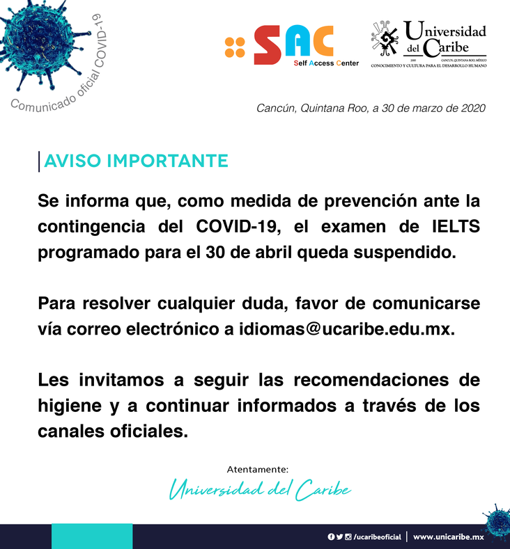 Comunicado 20200330-1 | Suspensión de examen IELTS 30 de abril