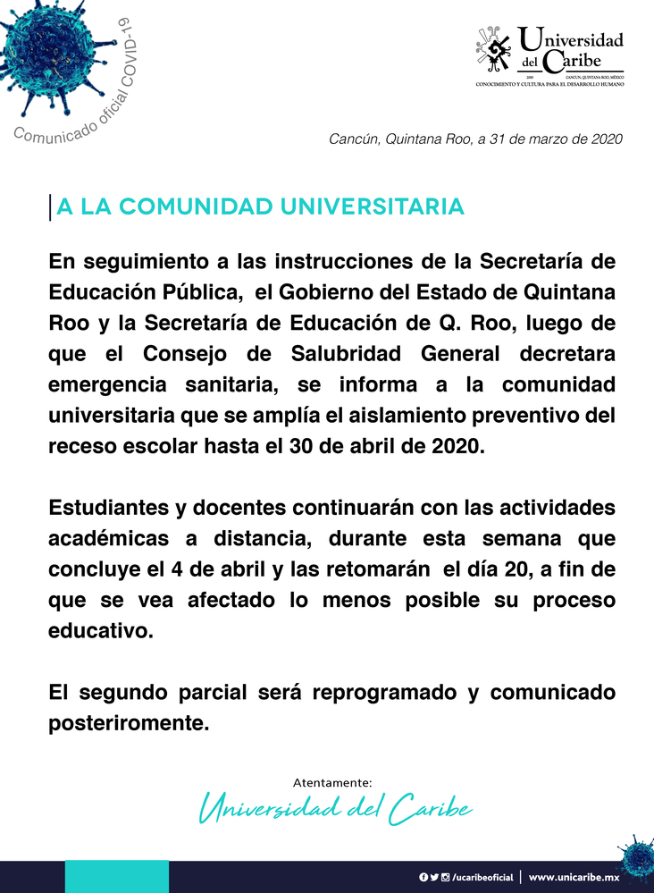 Comunicado 20200331-1 |  Ampliación del aislamiento preventivo al 30 de abril de 2020