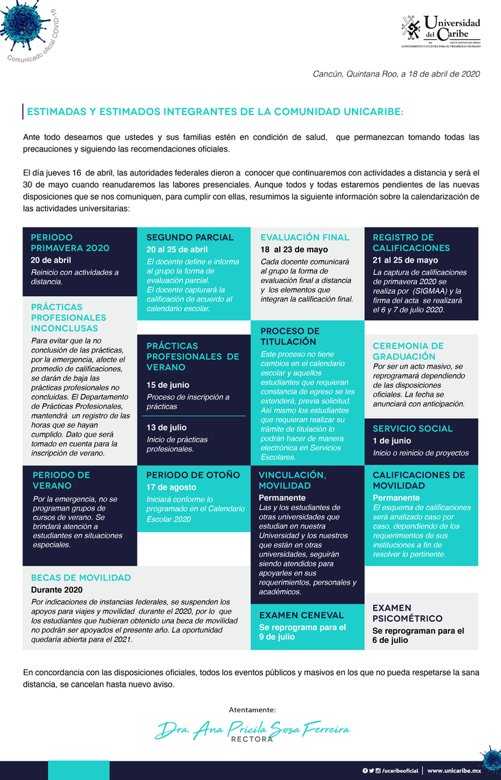 Comunicado 20200418-1 | Calendarización de actividades universitarias