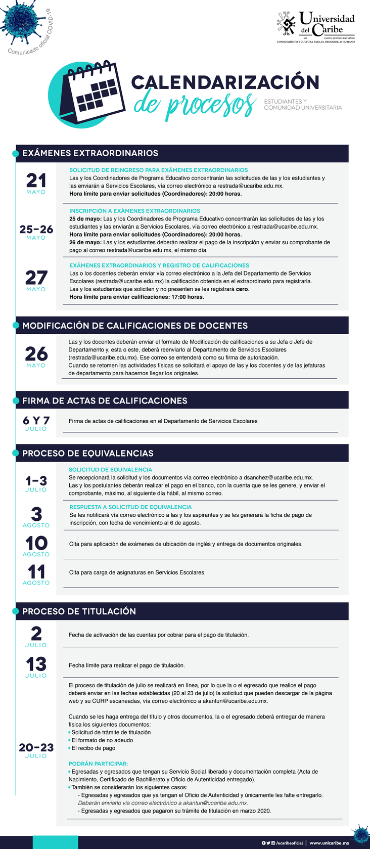 Comunicado 20200502-1 | Calendarización de procesos para estudiantes y comunidad universitaria